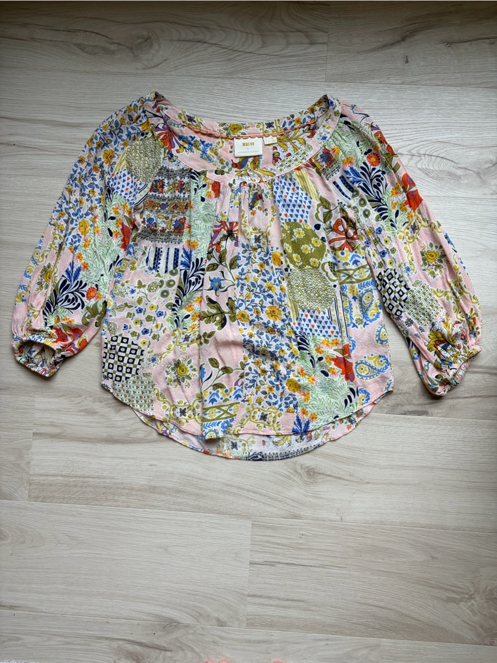 Anthropologie Pink Multi-Print Patchwork Blouse